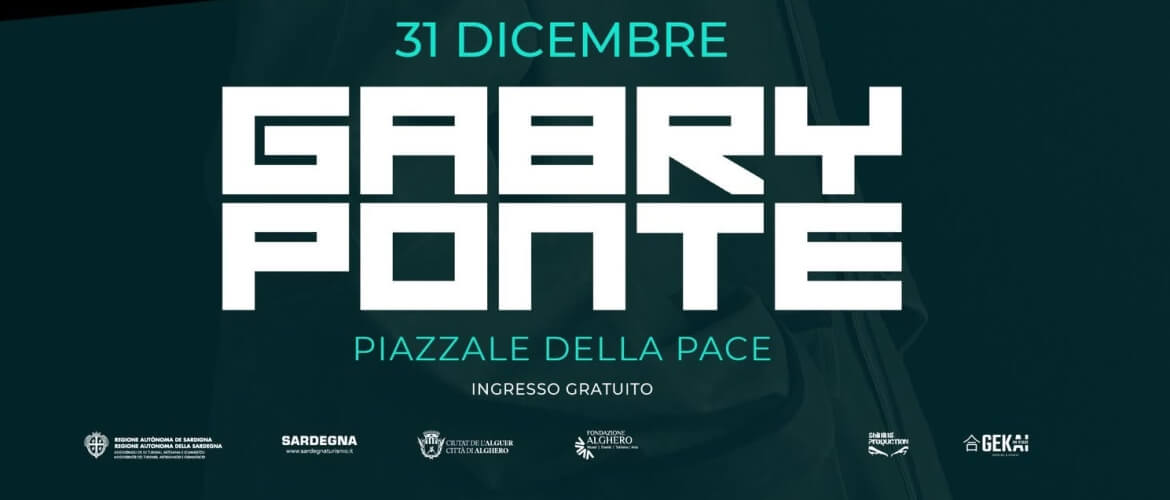 Poster scuro teal per evento con data "31 DICEMBRE", nome "GABRY PONTE", luogo "PIAZZALE DELLA PACE", ingresso gratuito.