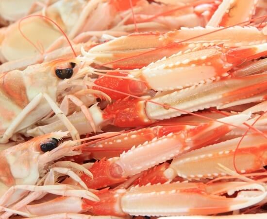 Primo piano di molti gamberi arancioni con pance bianche, alcuni con occhi visibili, in un mercato di pesce.