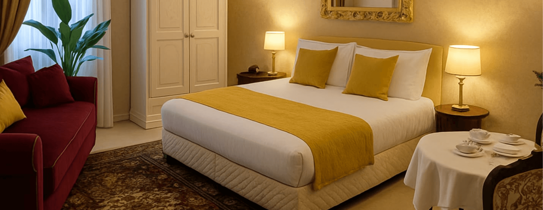 Camera d'hotel con letto grande, divano rosso e tavolo da tè.