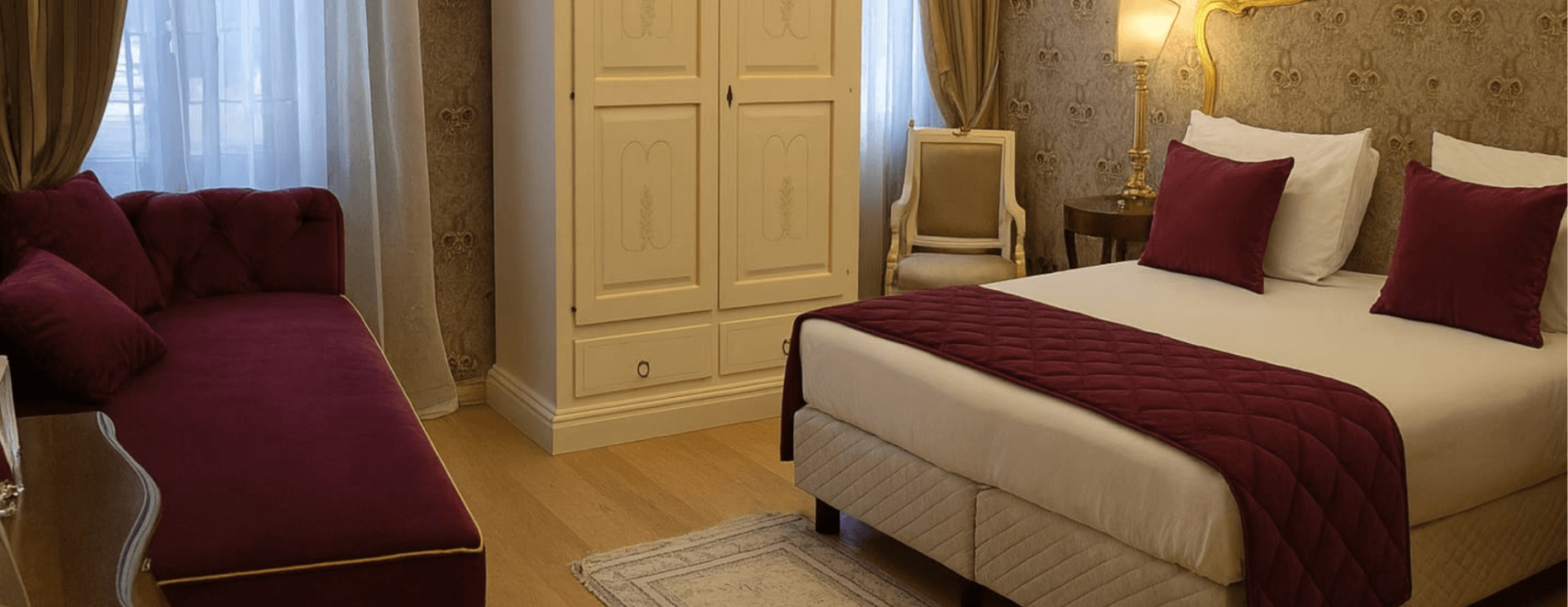 Camera d'hotel elegante con letto, chaise longue e armadio decorato.