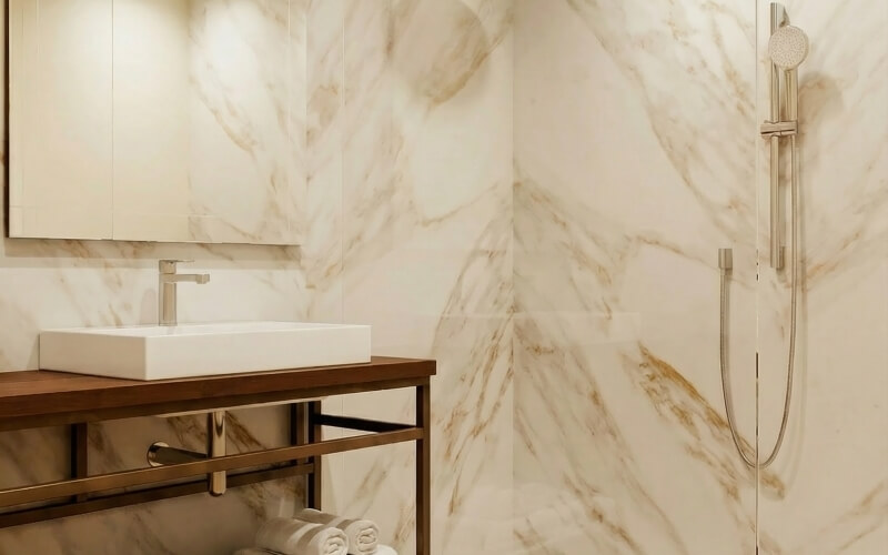 Bagno con pareti in marmo, lavabo bianco e asciugamani bianchi.