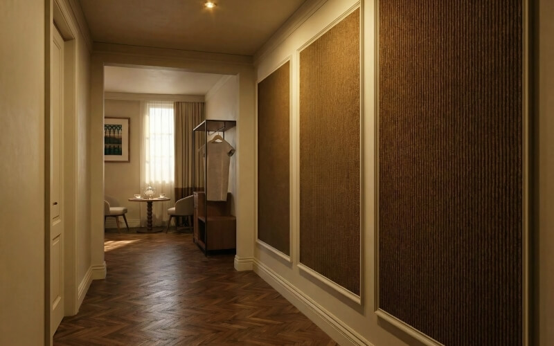 Corridoio d'hotel con pavimento in legno e ingresso a una stanza.