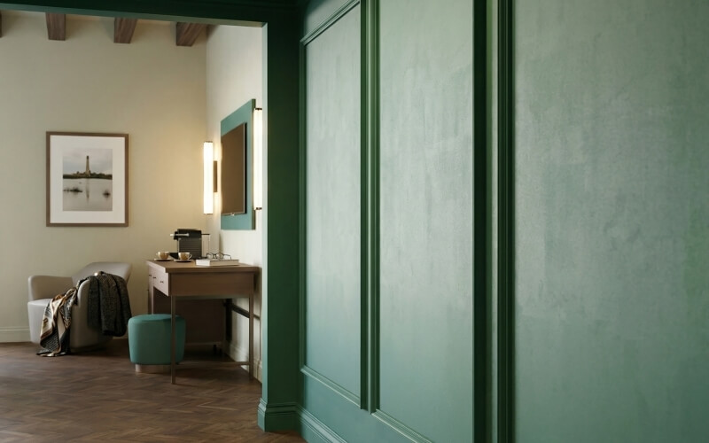 Camera d'hotel con televisore, scrivania e decorazioni moderne.