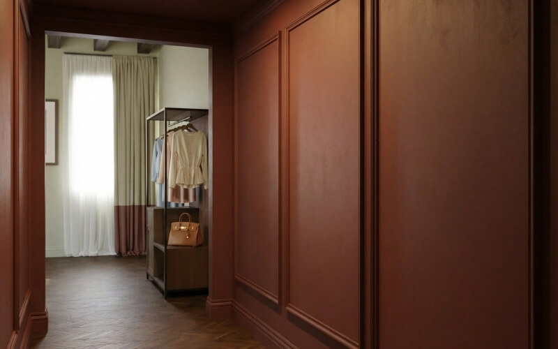 Interno di una stanza con pareti marroni e pavimento in legno.