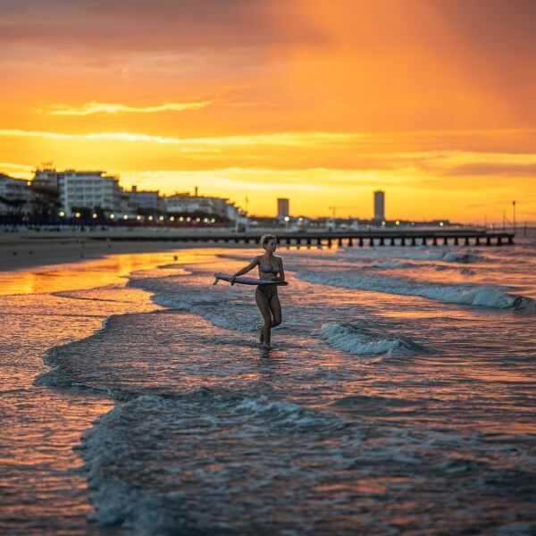 Una donna corre sulla spiaggia al tramonto, con onde che le bagnano le gambe e un panorama urbano sullo sfondo.