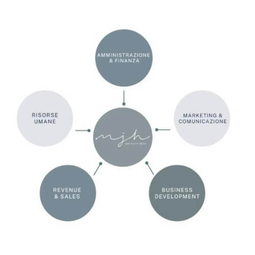 Grafica con sette cerchi grigi, testo in italiano, cerchio centrale "njh" e frecce verdi verso cerchi tematici.