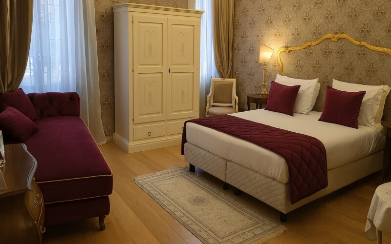 Camera d'hotel con letto, chaise longue e decorazioni ornate.