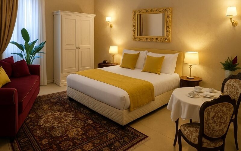 Camera d'hotel con letto, divano, tavolo e specchio decorativo.