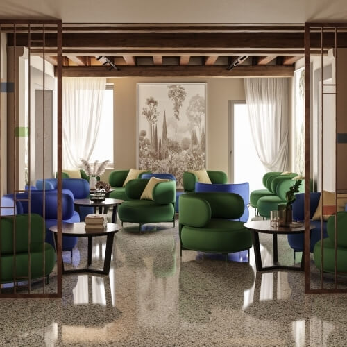 Area lounge con poltrone verdi e blu, tavoli scuri e arte botanica.