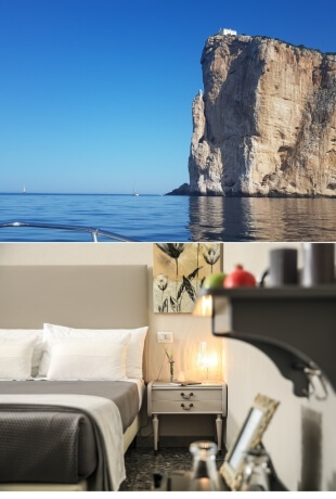Collage di tre scene: una scogliera sul mare, una camera da letto accogliente e una cucina con oggetti su uno scaffale.