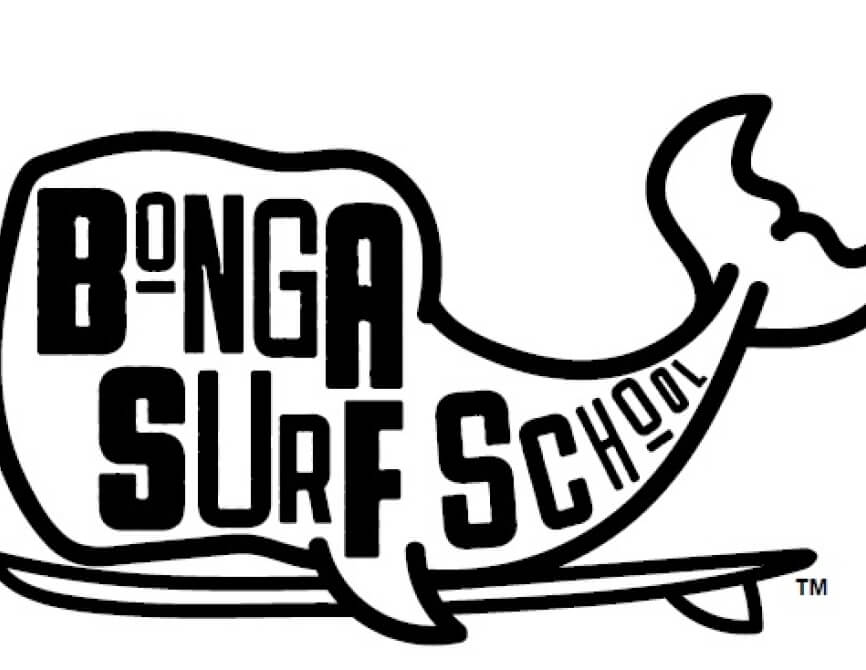 Logo della Bonga Surf School con una balena stilizzata e il testo "BONGA SURF SCHOOL" in lettere maiuscole su sfondo bianco.