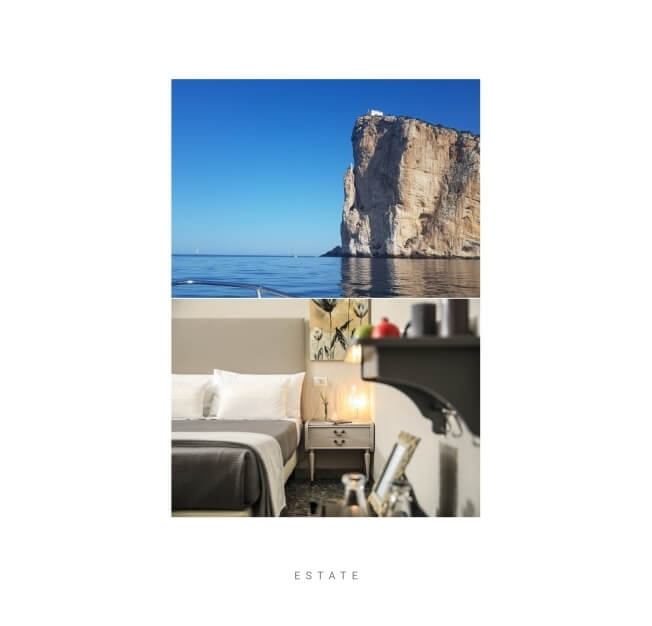 Collage di tre foto: scogliera sull'oceano, camera d'hotel e cucina, con la parola "ESTATE" in basso su sfondo bianco.