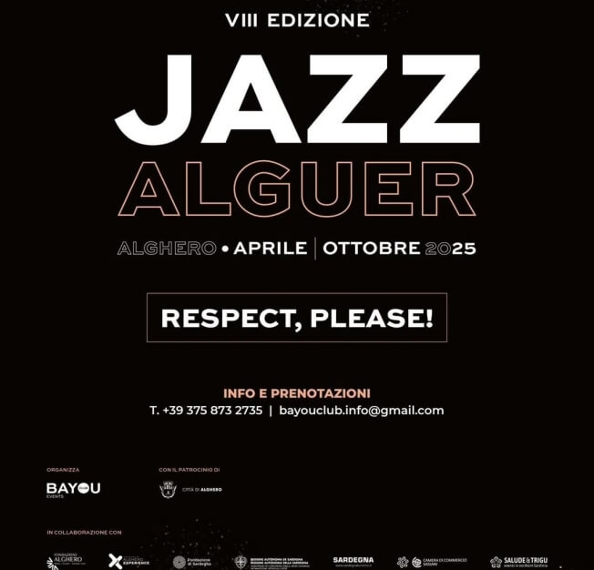 Poster nero con testo bianco: "JAZZ ALGUER", VIII EDIZIONE, Alghero, APRILE | OTTOBRE 2025, contatti e sponsor.
