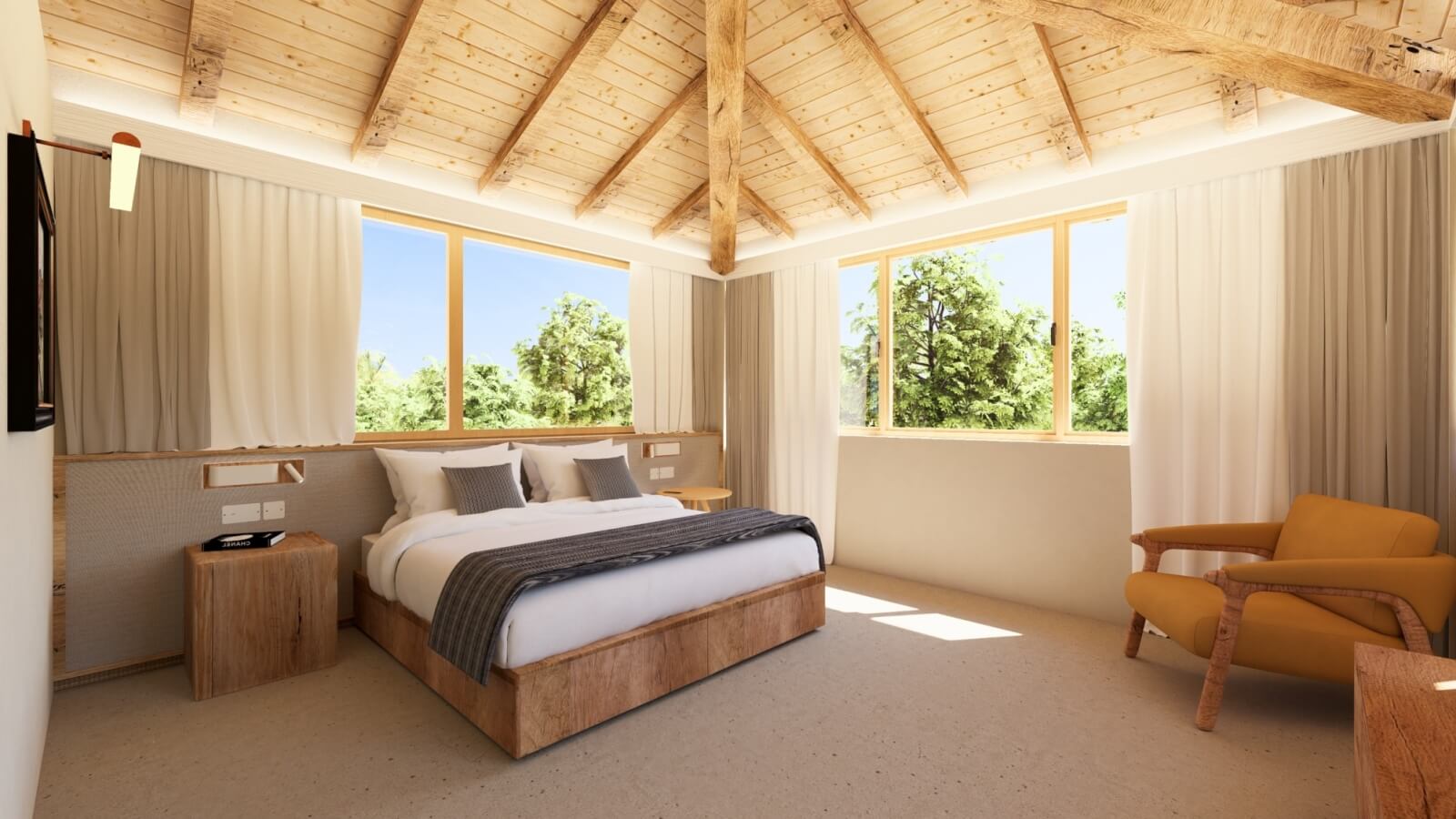 Camera con soffitto inclinato, letto centrale e poltrona gialla.