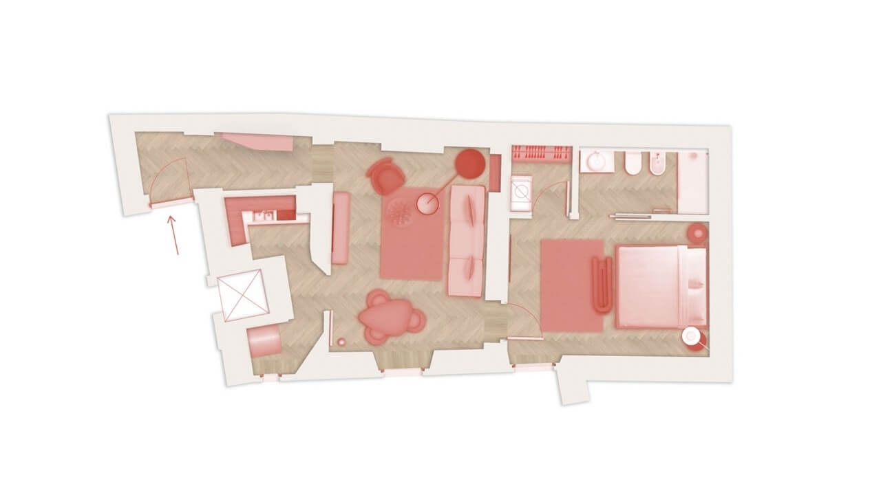 Floor plan of a residential space in shades of red, showing rooms and furniture like a sofa, bed, and dining table.