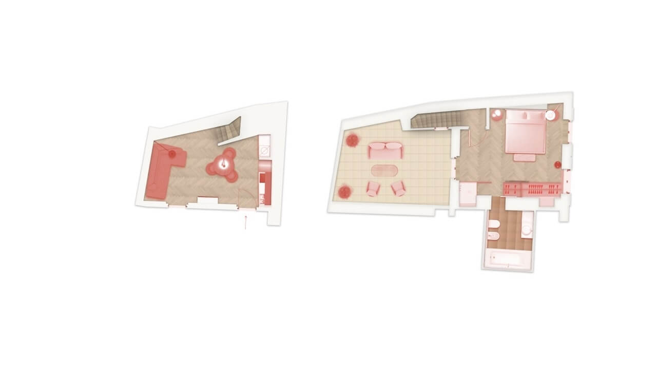 Floor plan of an apartment with living room, kitchen, bedroom, dining area, bathroom, and additional rooms.