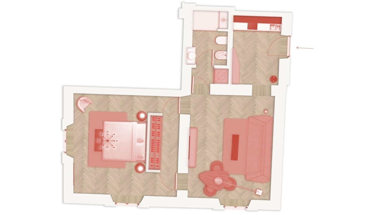 Bird's-eye view floor plan of an apartment with labeled rooms, furniture, and decorative elements in muted colors.