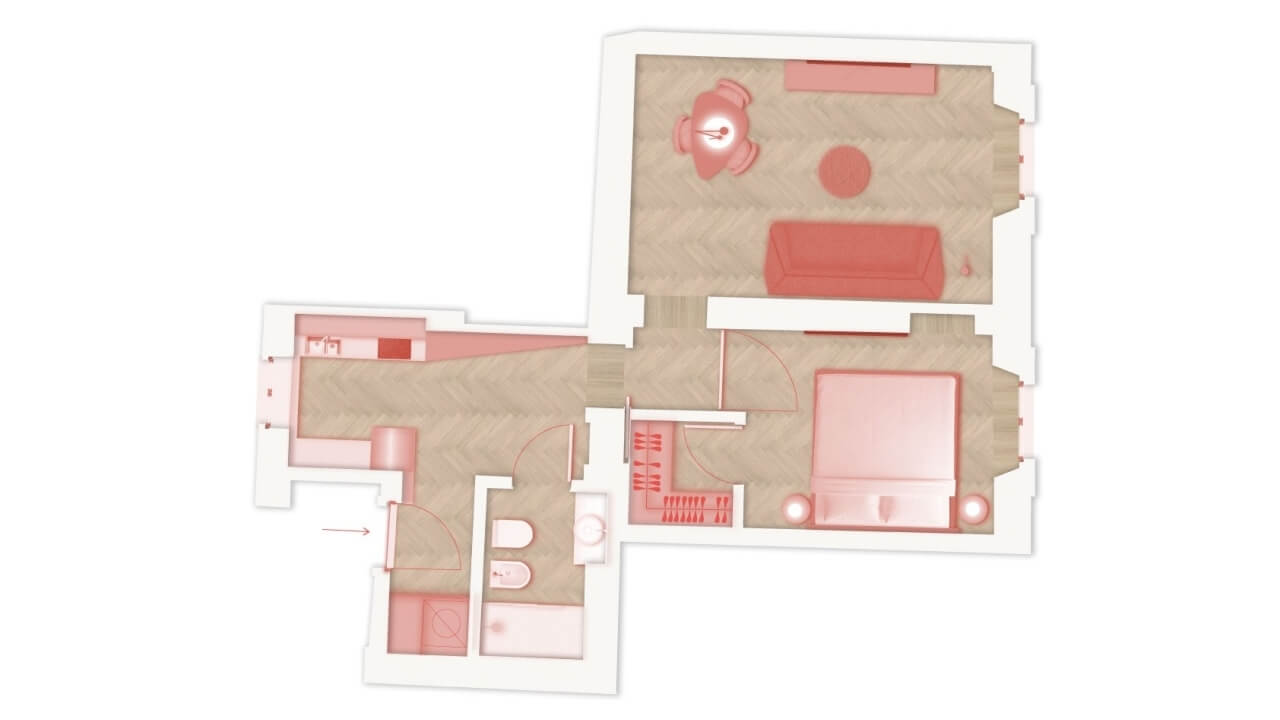 Floor plan of a home in red and beige, showing living room, kitchen, dining area, two bedrooms, and bathrooms.