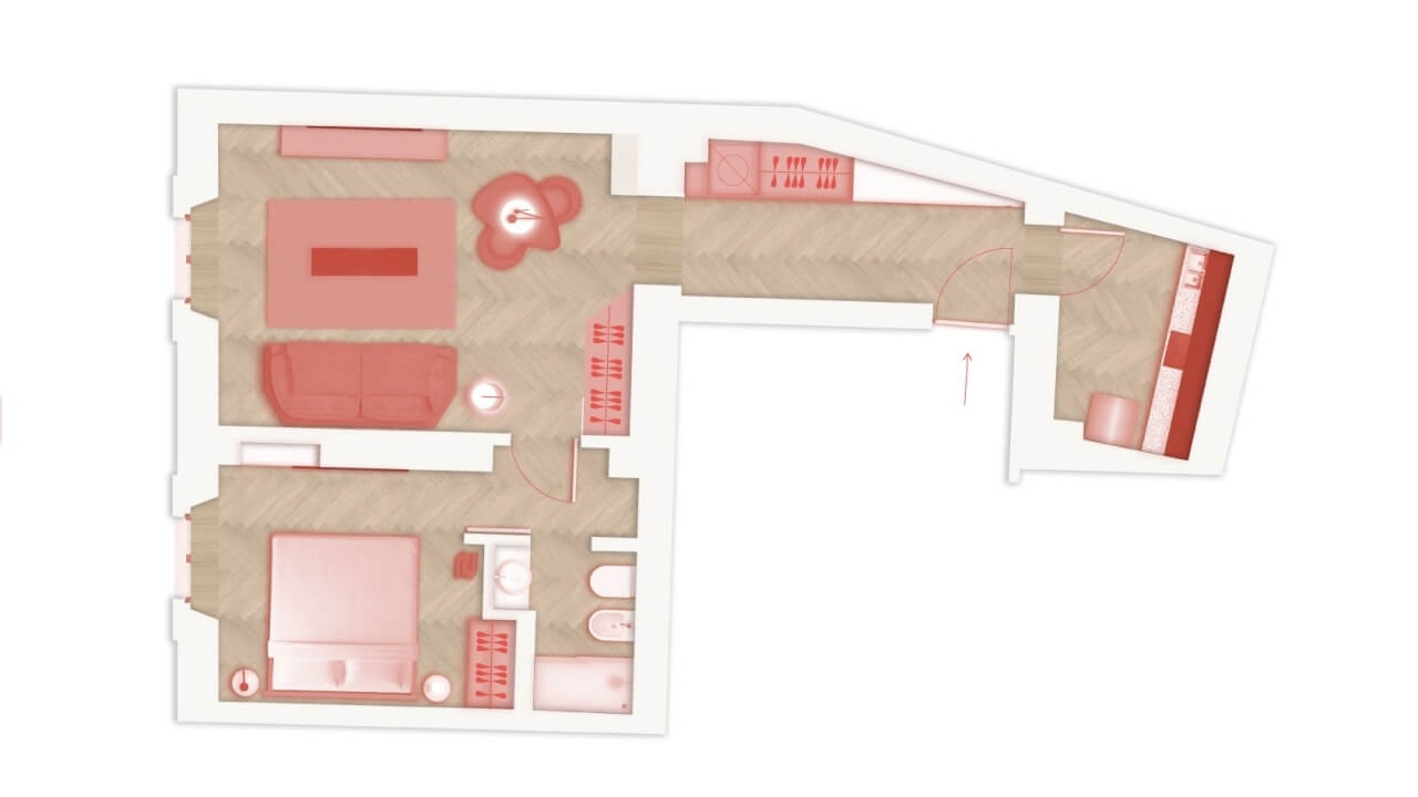 Floor plan of an apartment with living room, kitchen, bedroom, bathroom, and balcony, featuring red accents on a white background.