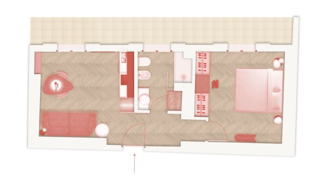 Floor plan of a house with labeled rooms, white walls, light brown floors, and red elements indicating paths and features.