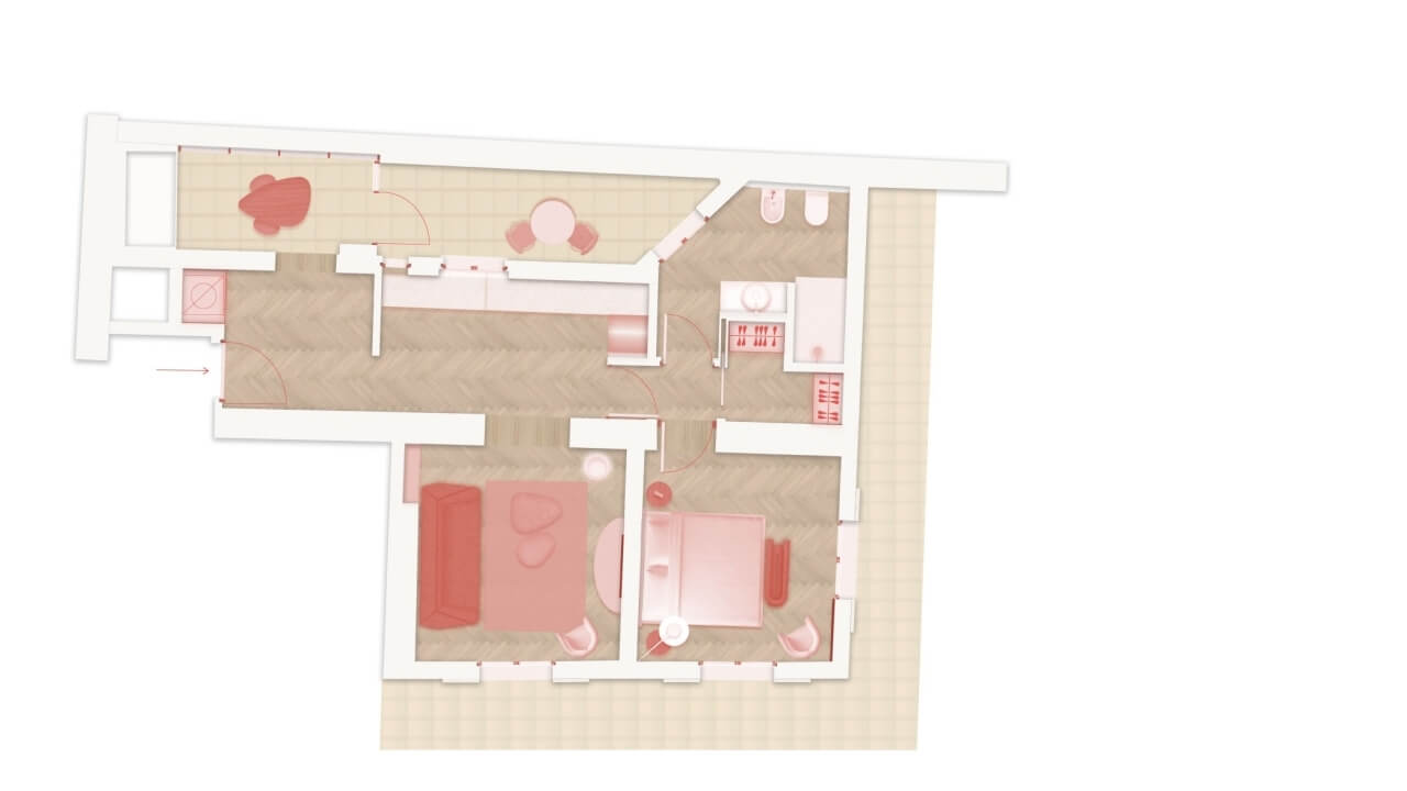 Floor plan of an apartment with living room, kitchen, bedroom, and bathroom, featuring a pink, white, and beige color scheme.