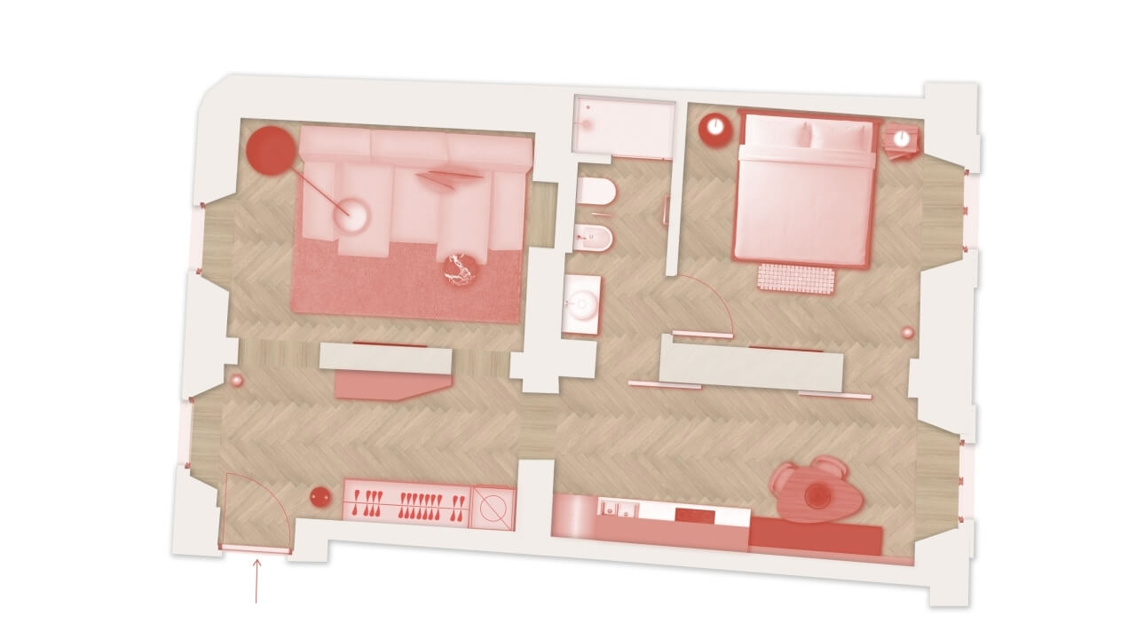 Detailed floor plan of an apartment in red and white, showing labeled rooms: living room, bedroom, bathroom, kitchen, and hallway.