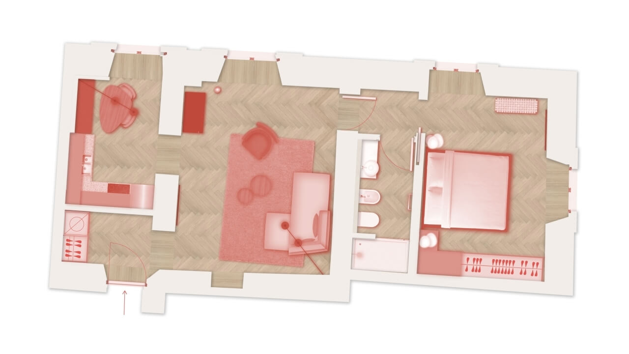 Floor plan of a residence with living room, kitchen, bathroom, and bedroom, featuring furniture and red overlay lines.