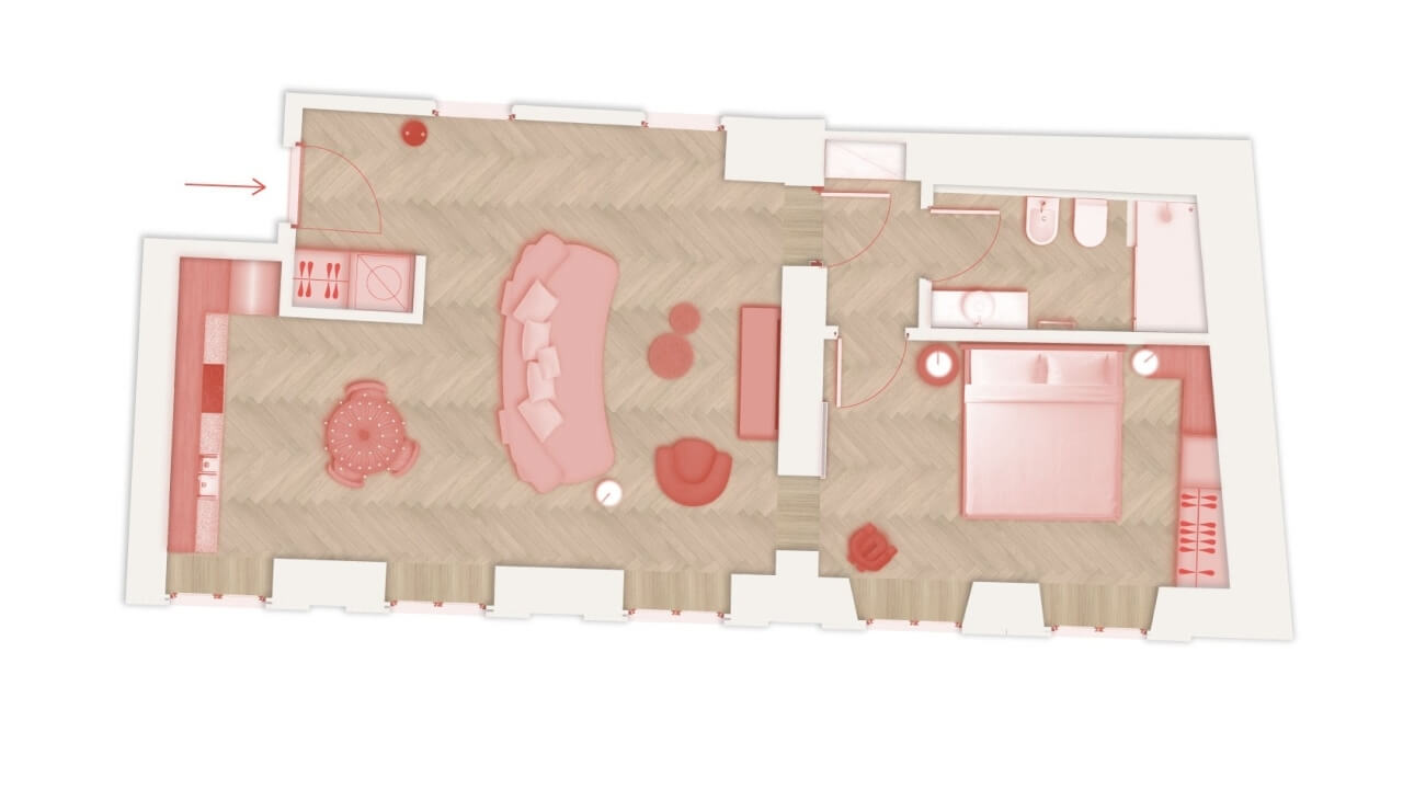 Detailed floor plan of a dwelling in beige tones with red accents, showcasing rooms and essential furniture.