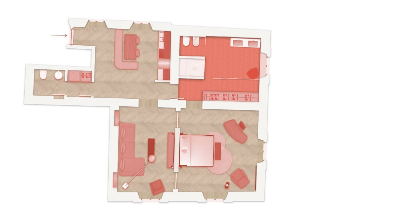 3D floor plan rendering of an apartment with rooms, furniture in red and pink, on a light-brown wood-like background.