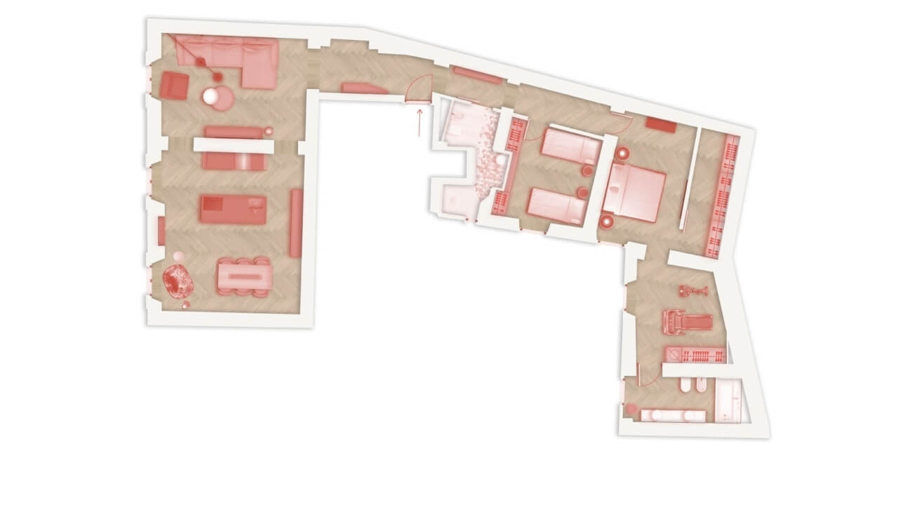 Floor plan of an apartment in light brown with red outlines, showing layout of living room, kitchen, dining area, bedrooms, and bathrooms.