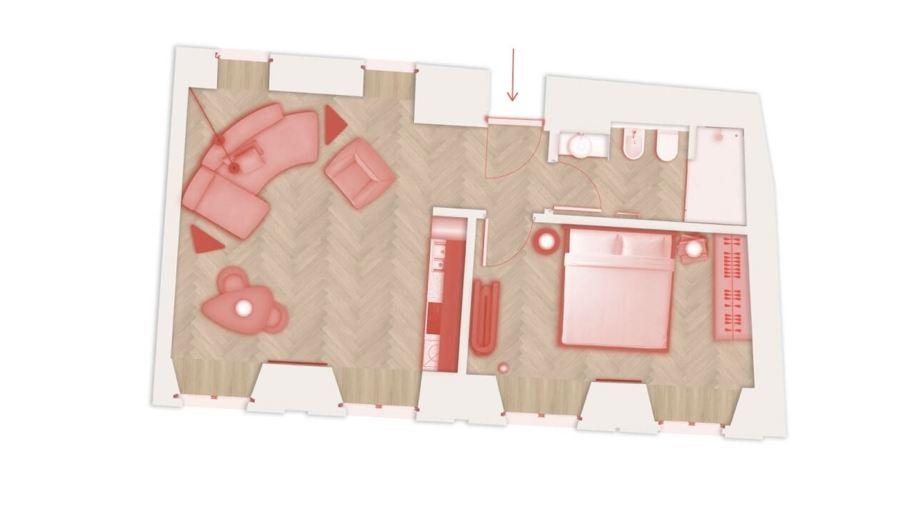 Apartment floor plan in red and white on light brown, featuring living room, kitchen, bedroom, and bathroom layout.