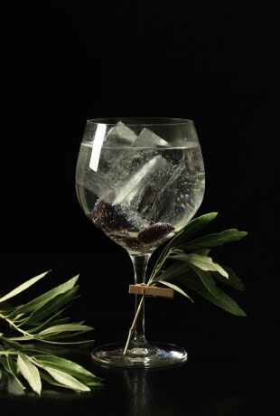 A glass with ice and liquid, surrounded by green leaves, on a black background, featuring a wooden clip on the stem.