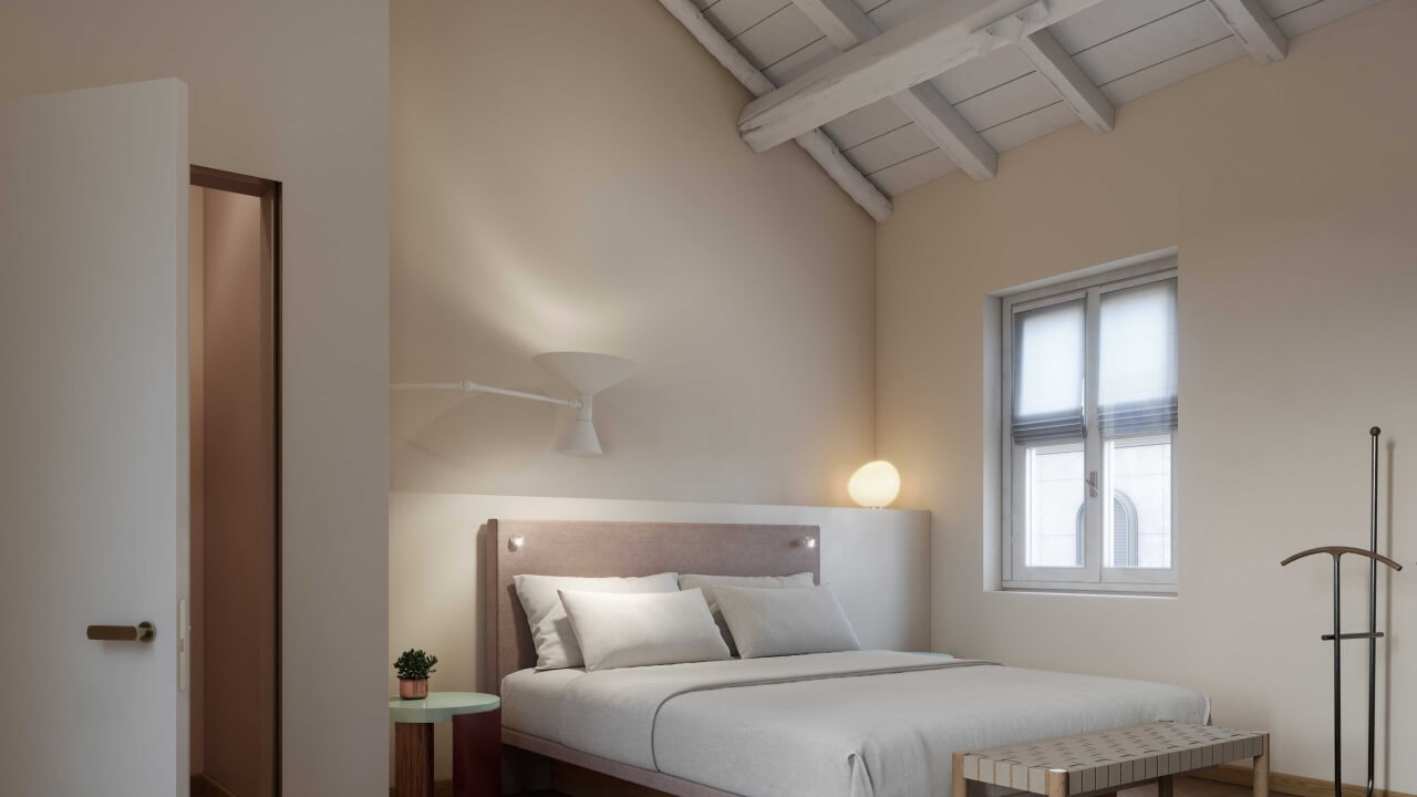 Minimalist bedroom with a double bed, natural light, potted plant, and rustic beams, creating a serene atmosphere.