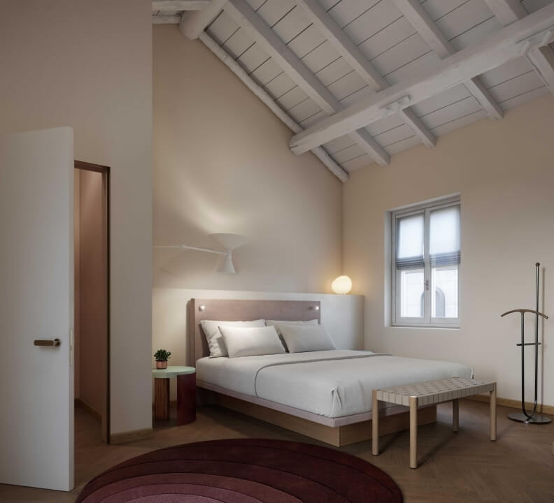 Camera minimalista con letto, comodino, finestra, tappeto rosso e decorazioni semplici in un'atmosfera elegante e tranquilla.