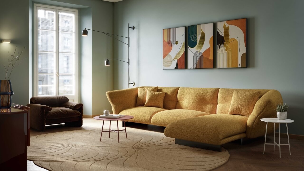 Cozy living room with a large window, yellow L-shaped couch, brown chair, floor lamp, and abstract artwork.