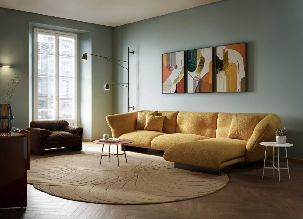 3D rendering of a serene living room with light blue-green walls, dark wood floor, yellow-orange couch, and natural light.