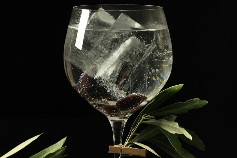 A glass of gin and tonic with ice, garnished with olives and green leaves, set against a black background.