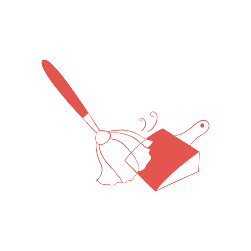 Red spatula, brush, and paint scraper with a red swirl design on a black background, resembling a logo.