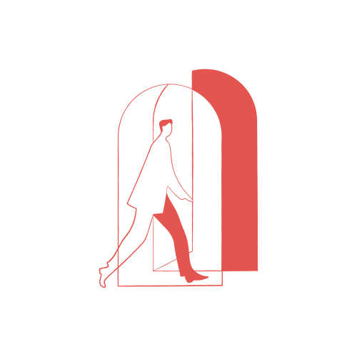 Red outline of a person in motion walking through a rounded archway on a black background, with a solid red shape beside it.
