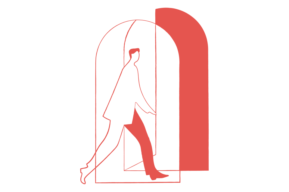 Minimalist red outline of a suited person walking through an archway.