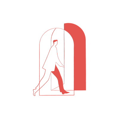 Red line drawing of a figure in a long coat and hat walking through an arched doorway against a solid black background.