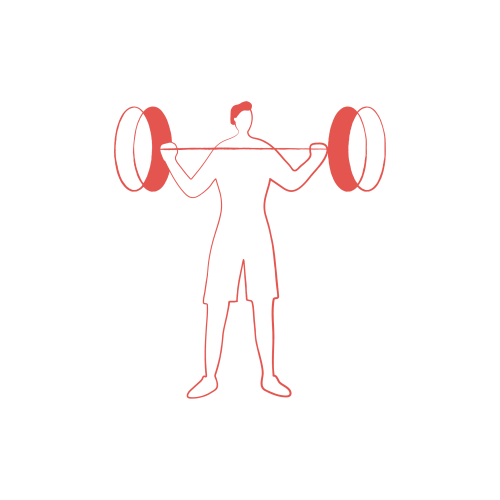 Silhouetted man in coral lifting a coral barbell above his head against a black background.