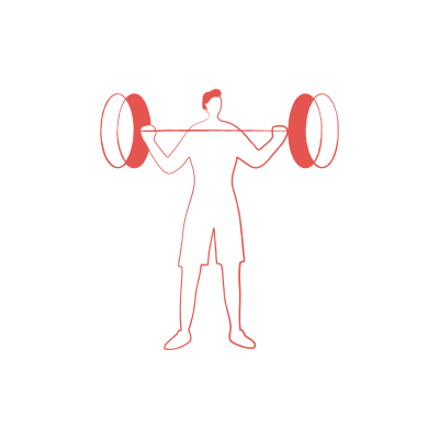 Silhouette of a weightlifter in red outline, arms extended holding a barbell, against a solid black background.