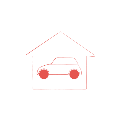 Line drawing of a red car inside a simple house on a black background, facing left with a triangular roof.