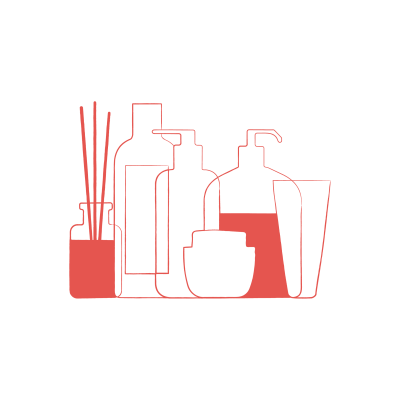 Minimalist coral line art of bathroom accessories on a black background, featuring a diffuser, lotion, shampoo, toothbrush holder, and mug.