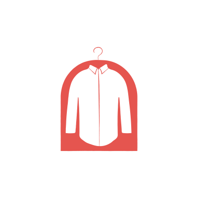 Graphic design of a pink-outlined long-sleeved shirt hanging from a grey arch on a black background.