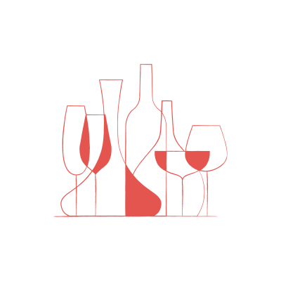 Illustrazione digitale di bottiglie di vino e bicchieri rossi su sfondo nero, con un flute, un decanter e un bicchiere di vino.