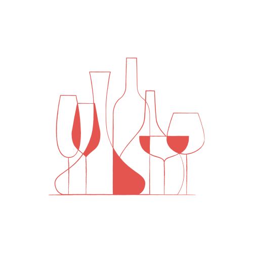 Illustrazione minimalista di bottiglie di vino e bicchieri rossi su sfondo nero, con linee pulite e forme semplici.