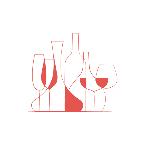 Stylized red outline of wine glasses and bottles on a black background, conveying elegance and sophistication for a wine brand.
