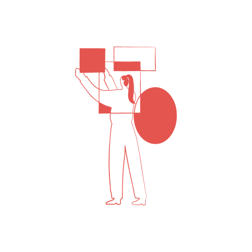 Red geometric silhouette of a person holding a large object above their head against a black background.